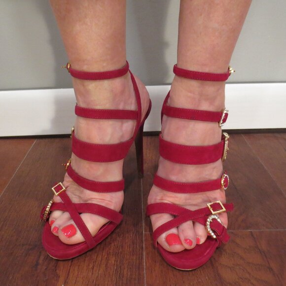 TABITHA SIMMONS Red Suede High Heel Buckle Design Sandals - Picture 1 of 14